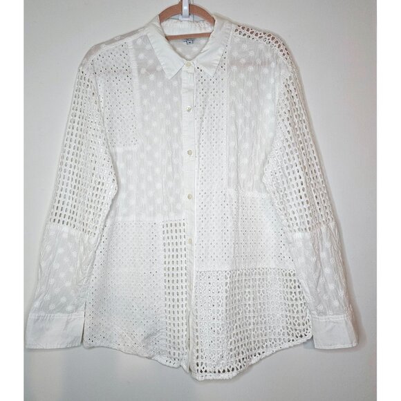 Rails Juliette White Eyelet Mix Button Up Long Sleeve Shirt, M, White - Picture 1 of 9
